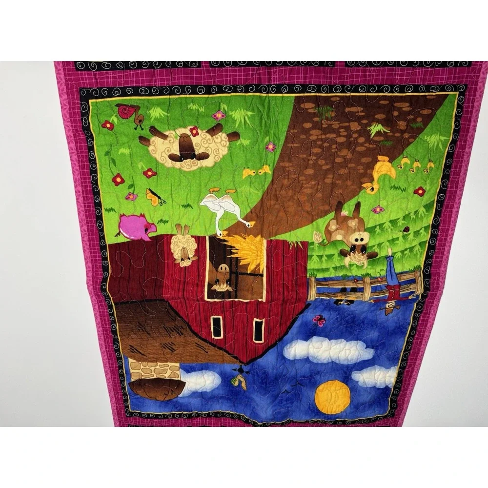 Vintage Handquilted Baby Quilt-Farm Animals~Cow Ducks Chicken Horse~39 x 21.5 In
